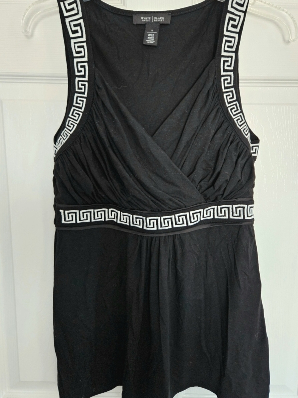 White House Black Market Black Sleeveless Tank with White Greek Key Trim